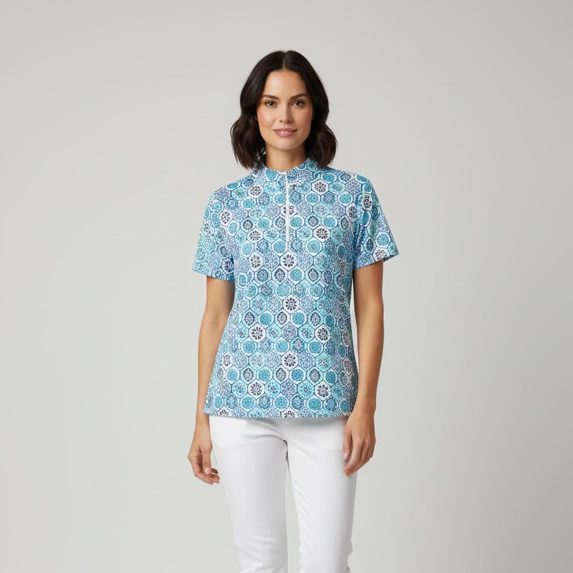 IBKUL Womens Brandy Short Sleeve Zip Mock - Seafoam