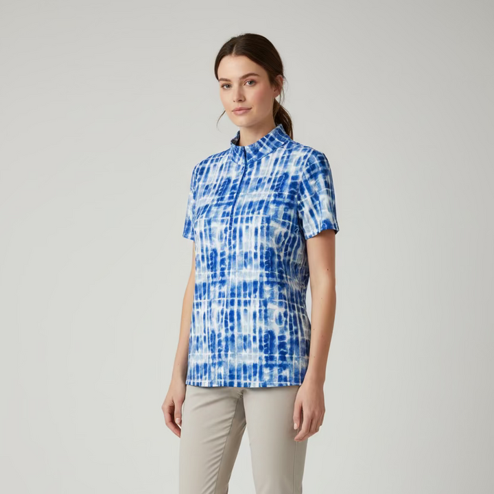 IBKUL Womens Rue Short Sleeve Zip Mock - Blue/White