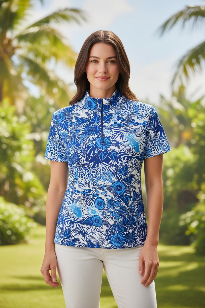 IBKUL Womens Janet Short Sleeve Zip Mock - Seaside Blue