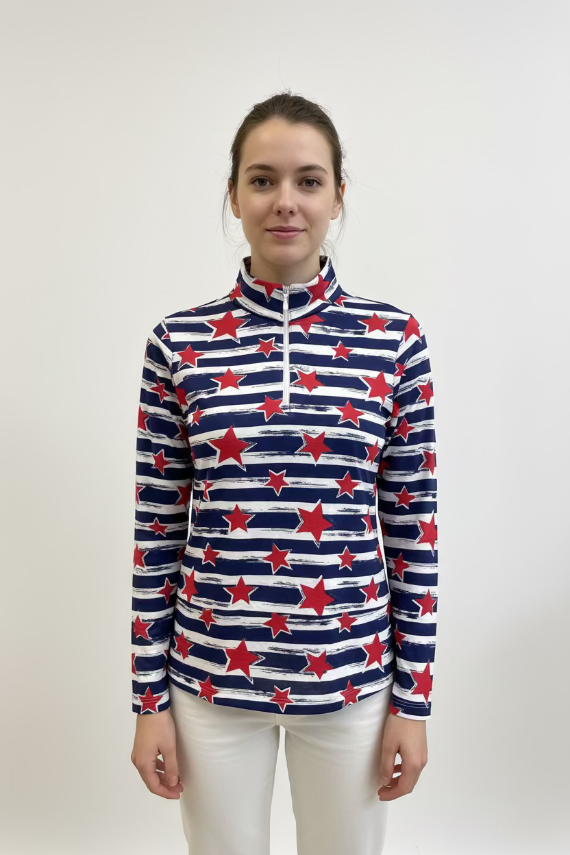 IBKUL Womens Diana Long Sleeve Zip Mock - Americana Red/Navy