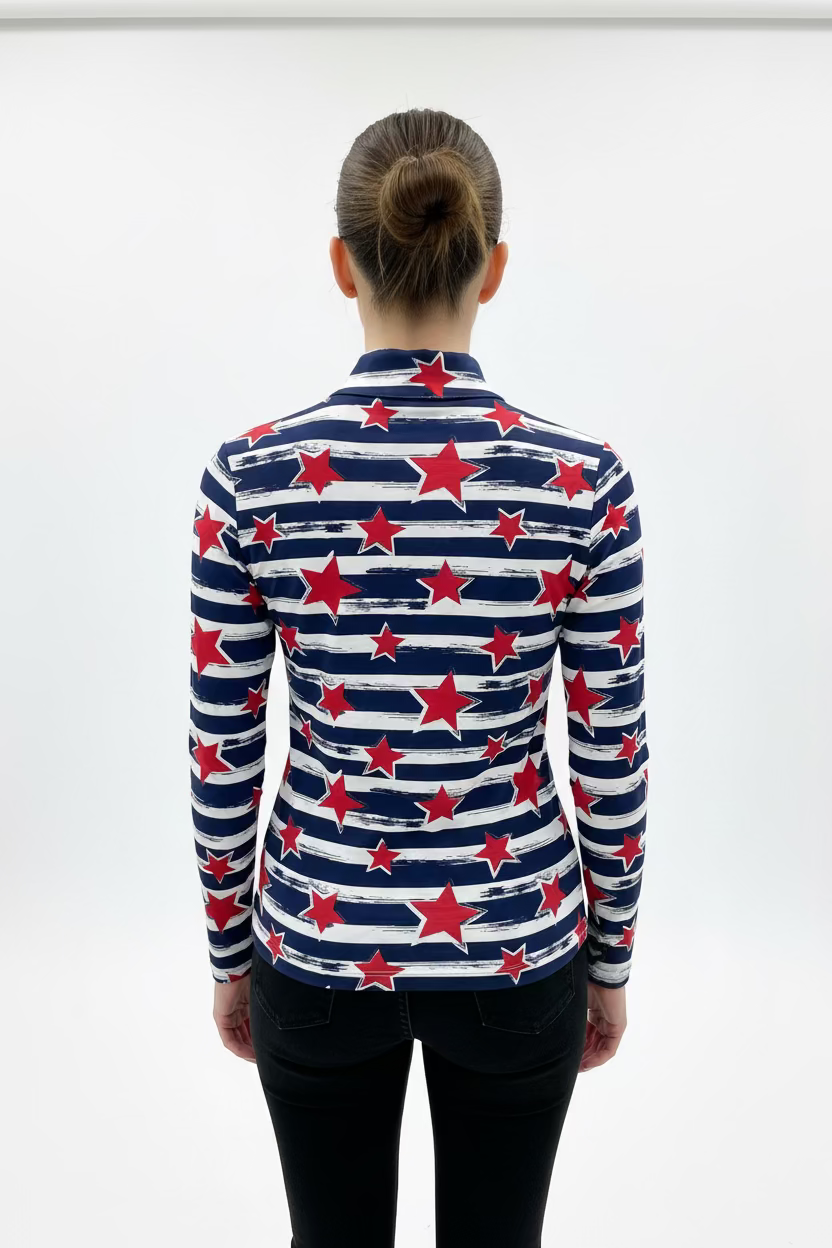 IBKUL Womens Diana Long Sleeve Zip Mock - Americana Red/Navy