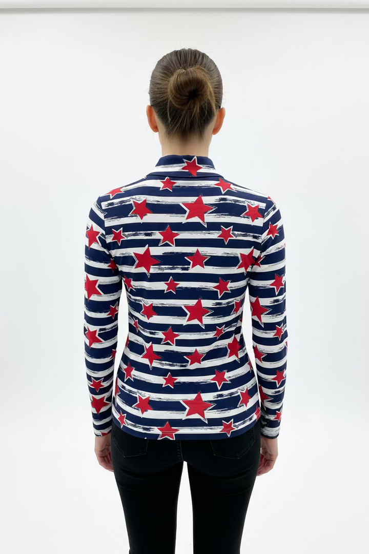 IBKUL Womens Diana Long Sleeve Zip Mock - Americana Red/Navy