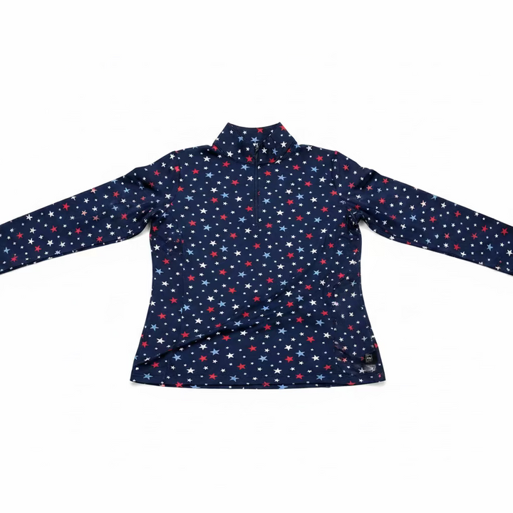 IBKUL Womens Brenda Stars Long Sleeve Zip Mock - Navy/Red