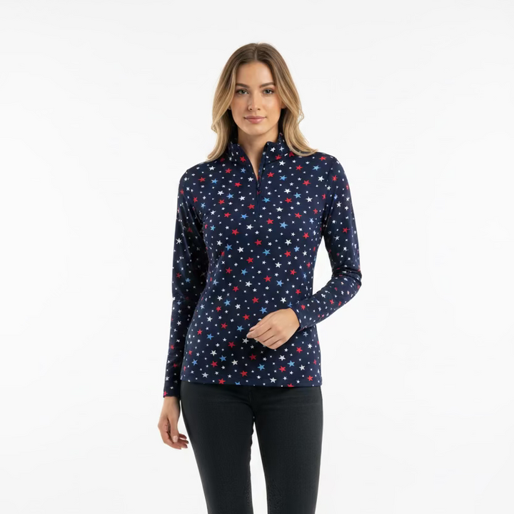 IBKUL Womens Brenda Stars Long Sleeve Zip Mock - Navy/Red