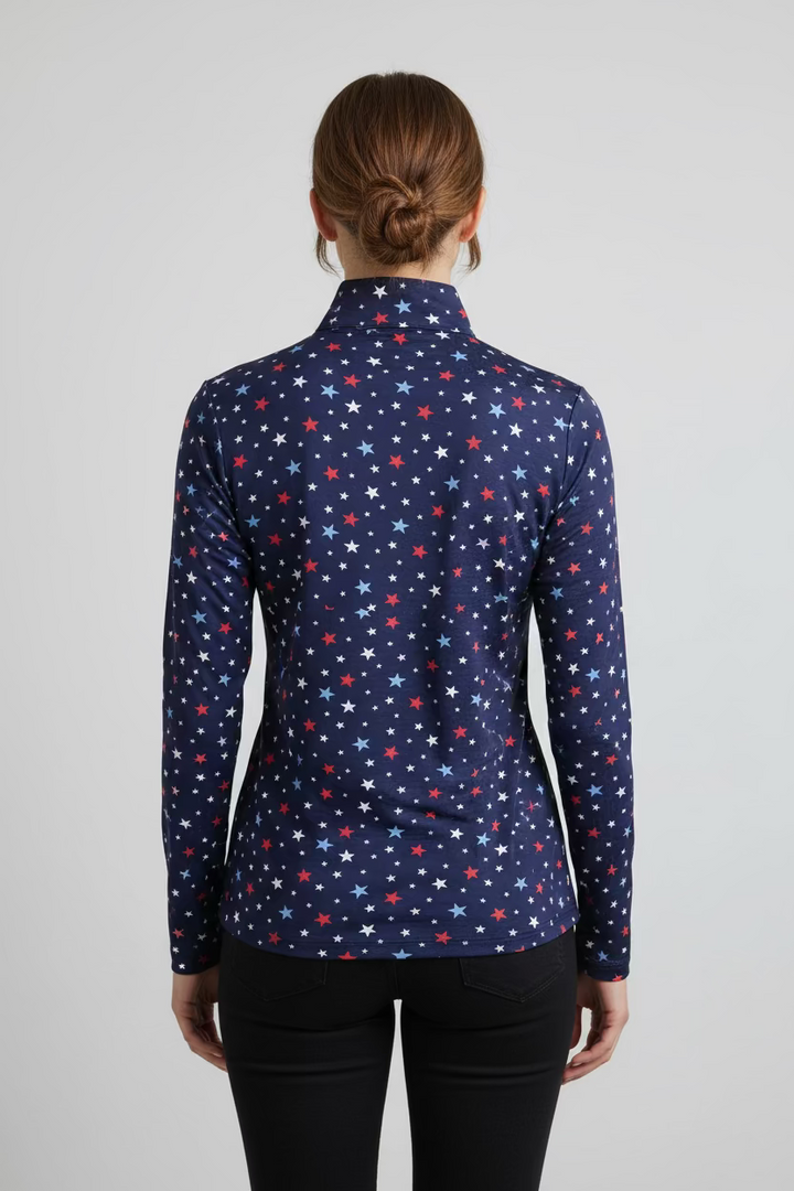 IBKUL Womens Brenda Stars Long Sleeve Zip Mock - Navy/Red
