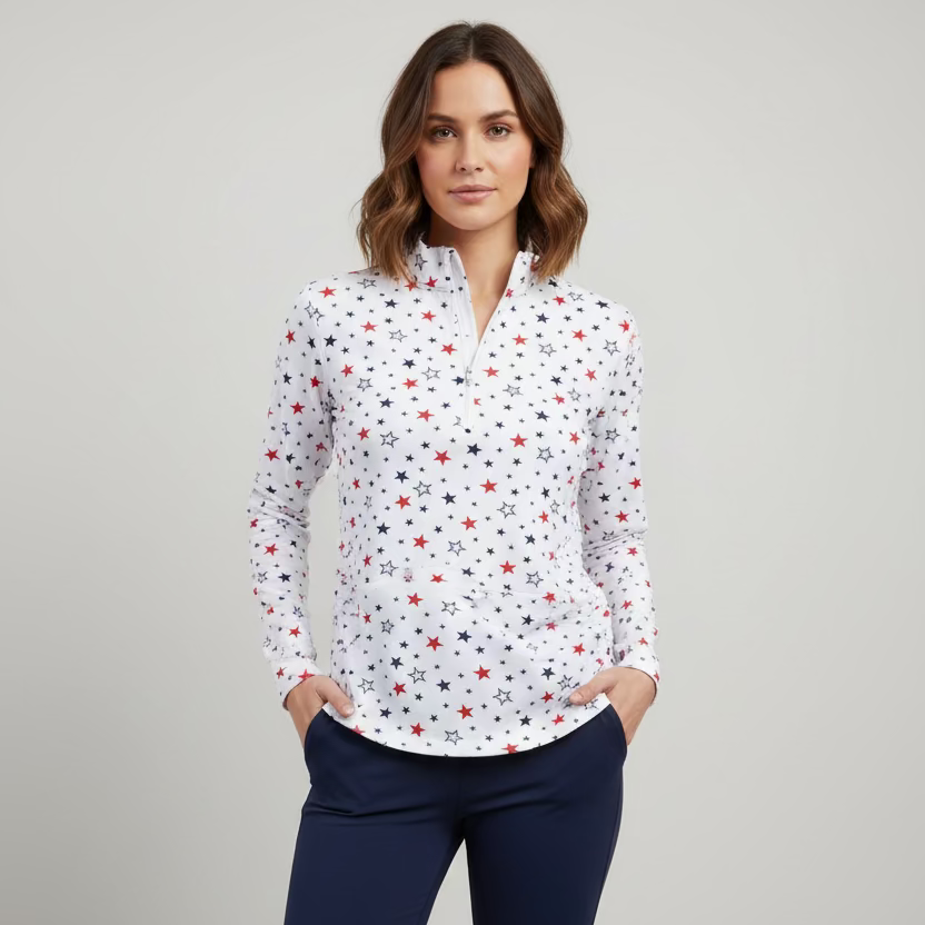 IBKUL Womens Brenda Stars Long Sleeve Zip Mock - White/Navy