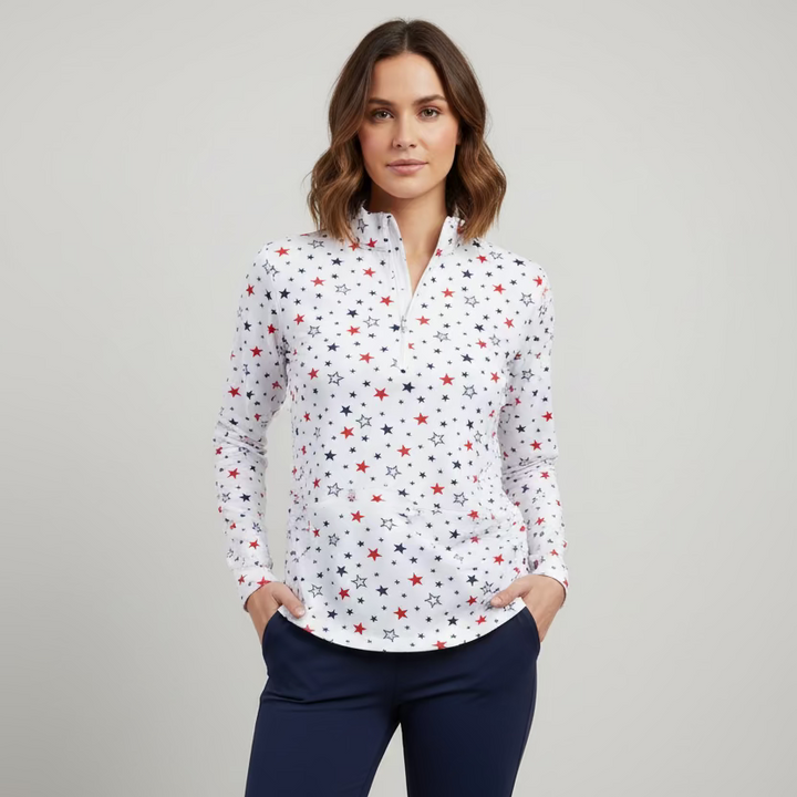 IBKUL Womens Brenda Stars Long Sleeve Zip Mock - White/Navy