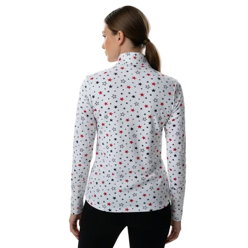 IBKUL Womens Brenda Stars Long Sleeve Zip Mock - White/Navy