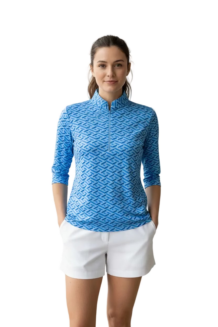 IBKUL Womens Katie Ruched Elbow Length Sleeve Zip Mock - Blue/Peri