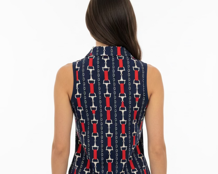 IBKUL Womens Kimberly Sleeveless Zip Polo - Chain Navy/Red