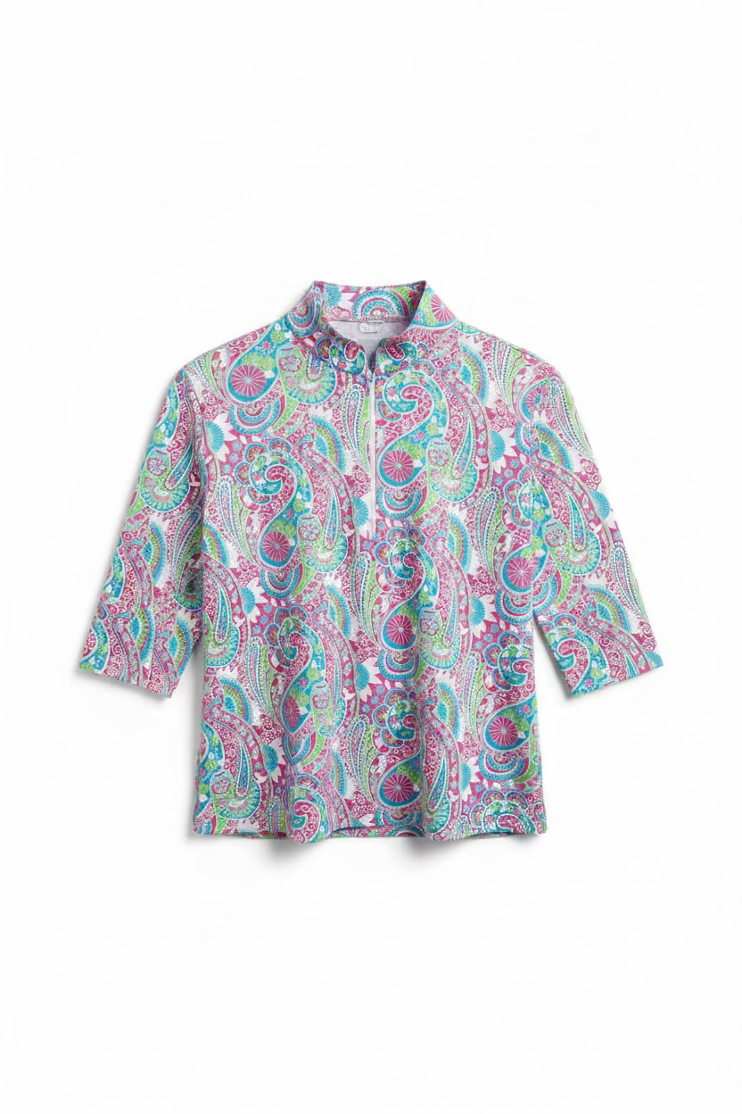 IBKUL Womens Leslie Ruched Elbow Sleeve Zip Mock - Pink/Blue