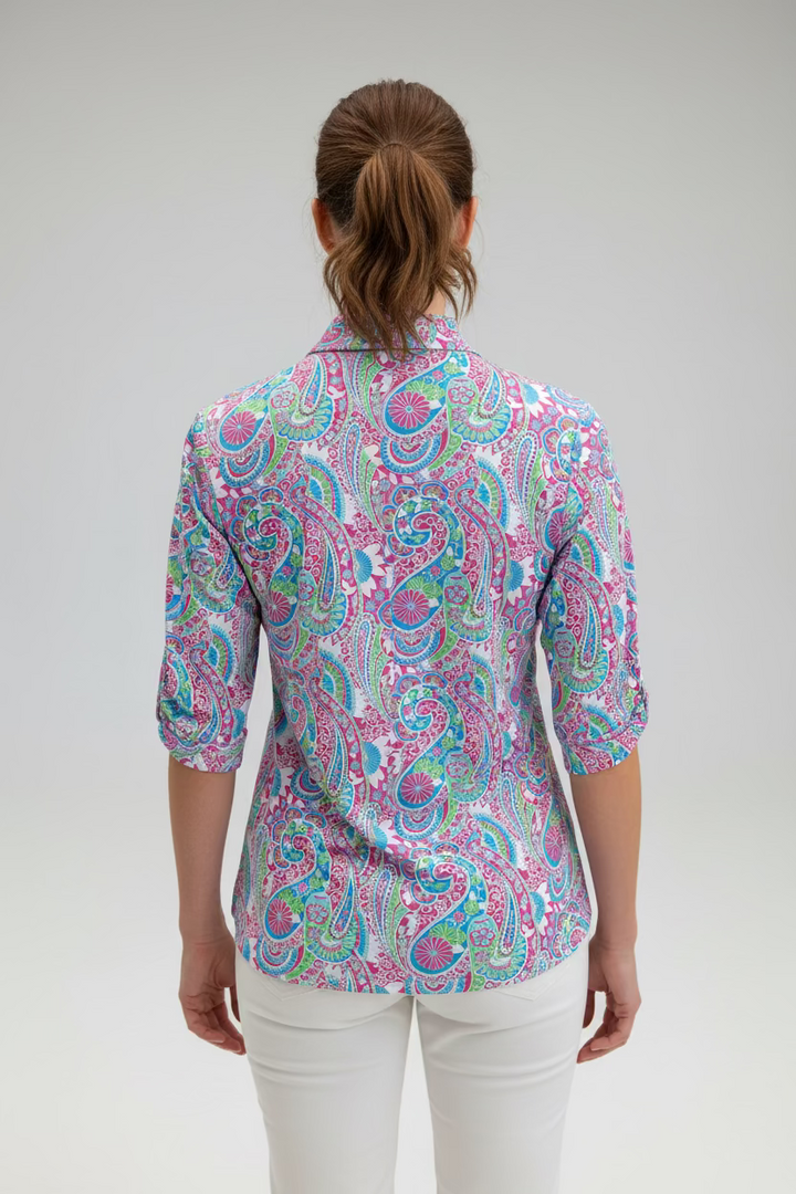 IBKUL Womens Leslie Ruched Elbow Sleeve Zip Mock - Pink/Blue