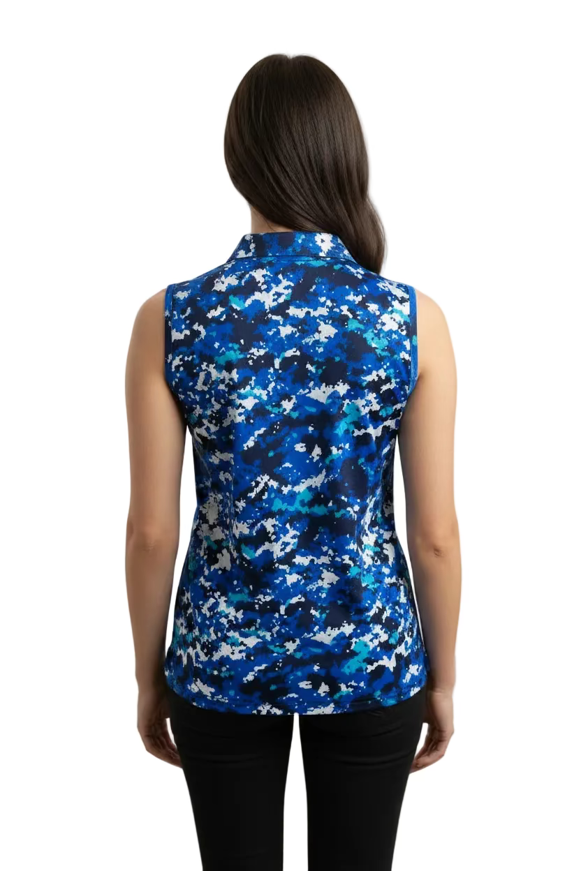 IBKUL Womens Farrah Sleeveless Zip Polo - Camo Blue/Navy