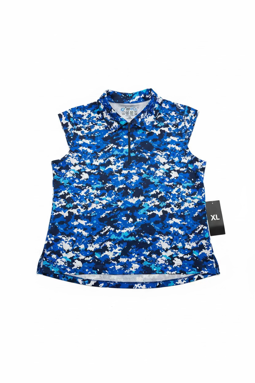 IBKUL Womens Farrah Sleeveless Zip Polo - Camo Blue/Navy