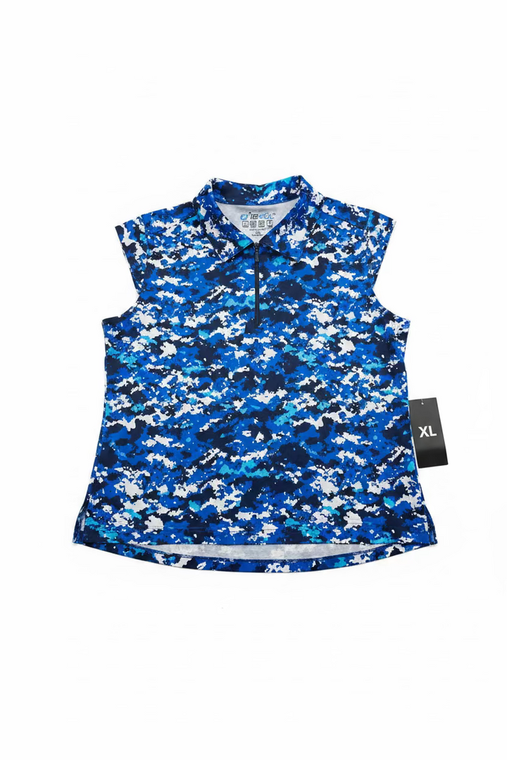 IBKUL Womens Farrah Sleeveless Zip Polo - Camo Blue/Navy