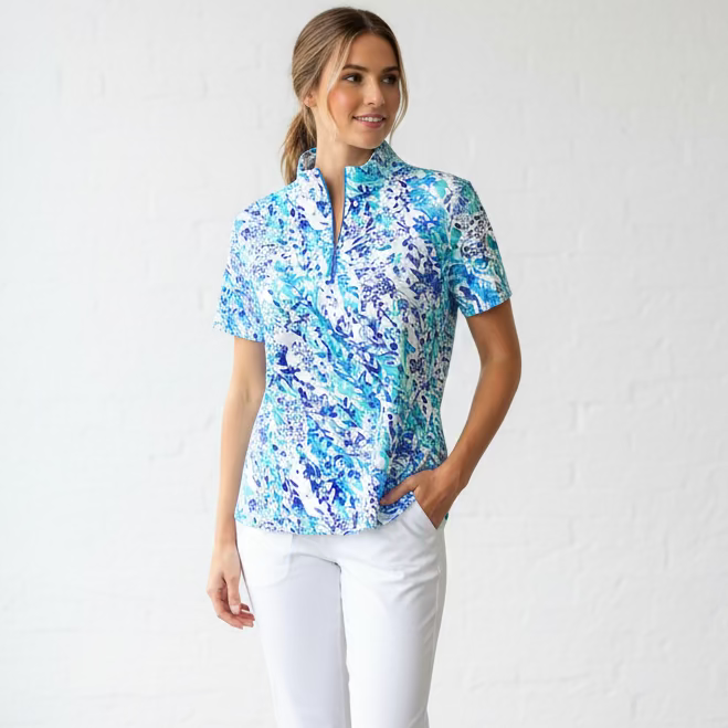 IBKUL Womens Marnie Floral Short Sleeve Zip Mock - Navy/Seafoam