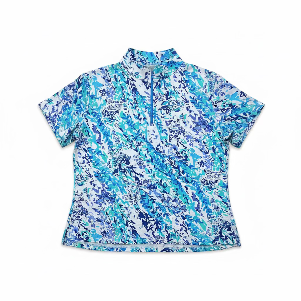 IBKUL Womens Marnie Floral Short Sleeve Zip Mock - Navy/Seafoam