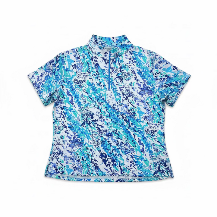 IBKUL Womens Marnie Floral Short Sleeve Zip Mock - Navy/Seafoam