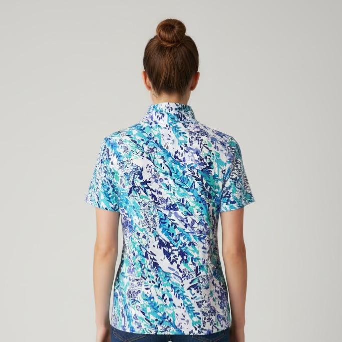 IBKUL Womens Marnie Floral Short Sleeve Zip Mock - Navy/Seafoam