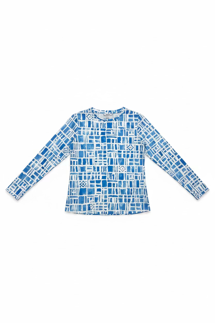 IBKUL Womens Avery Long Sleeve Crew Neck Top - Blue/White