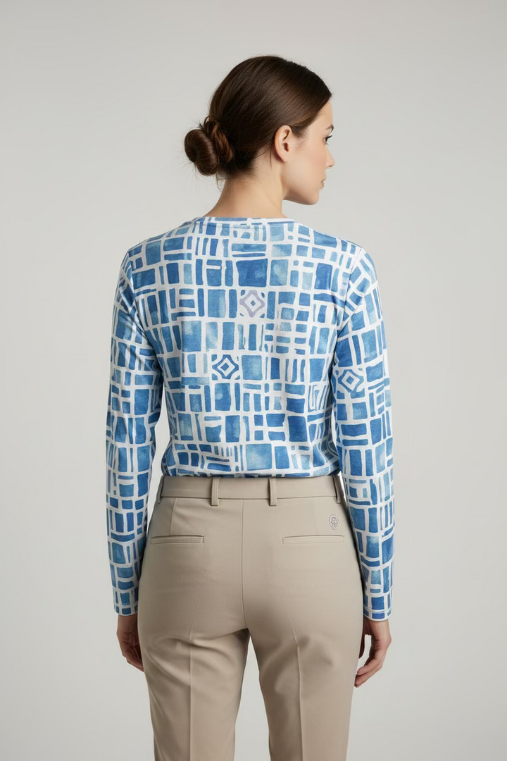 IBKUL Womens Avery Long Sleeve Crew Neck Top - Blue/White