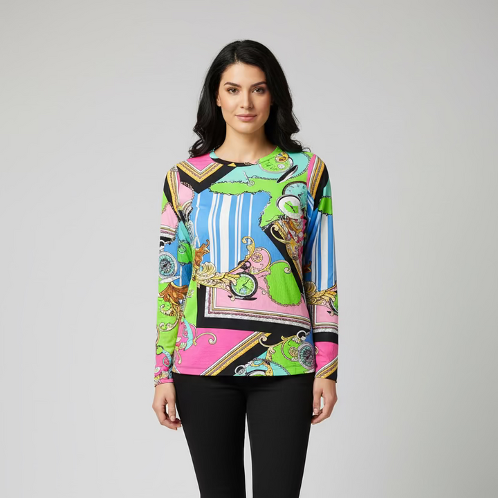 IBKUL Womens Ciara Long Sleeve Crew Neck Top - Clock Party