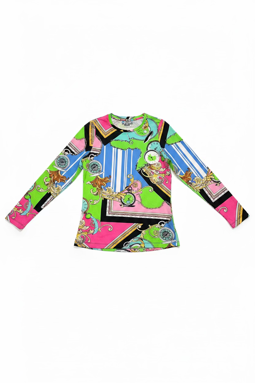 IBKUL Womens Ciara Long Sleeve Crew Neck Top - Clock Party