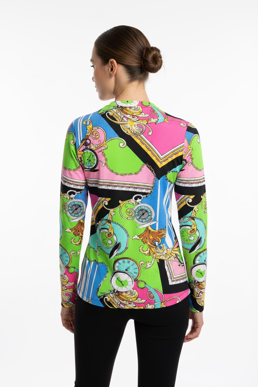 IBKUL Womens Ciara Long Sleeve Crew Neck Top - Clock Party