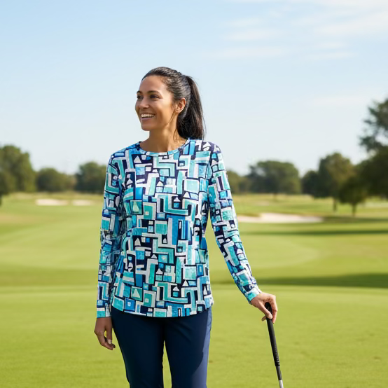 IBKUL Jennifer Long Sleeve Crew Neck Top - Turquoise/Navy