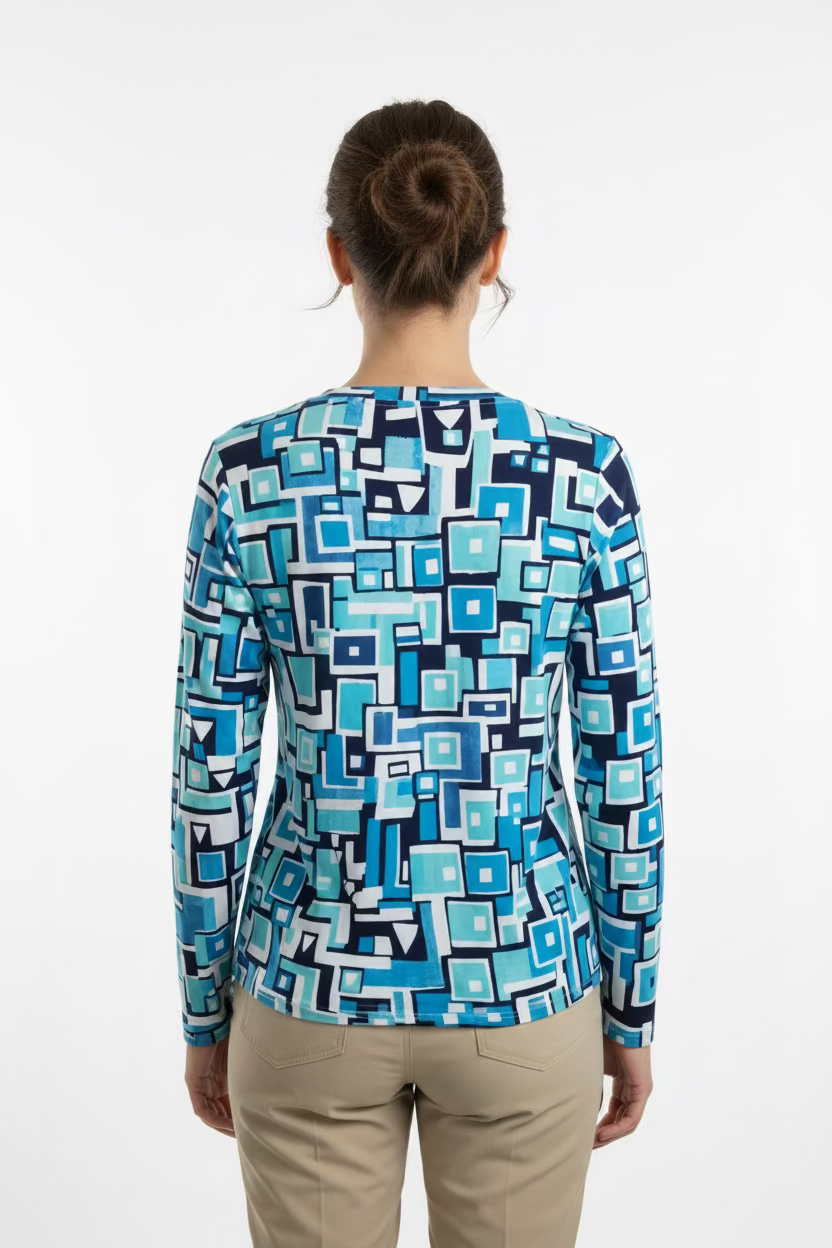 IBKUL Jennifer Long Sleeve Crew Neck Top - Turquoise/Navy
