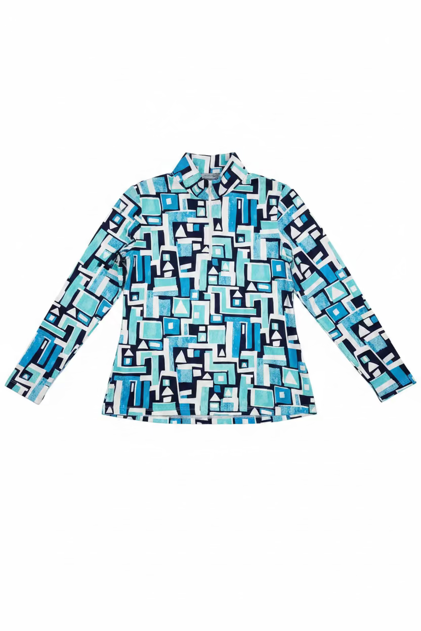 IBKULWomens Jennifer Long Sleeve Zip Mock - Turquoise/Navy