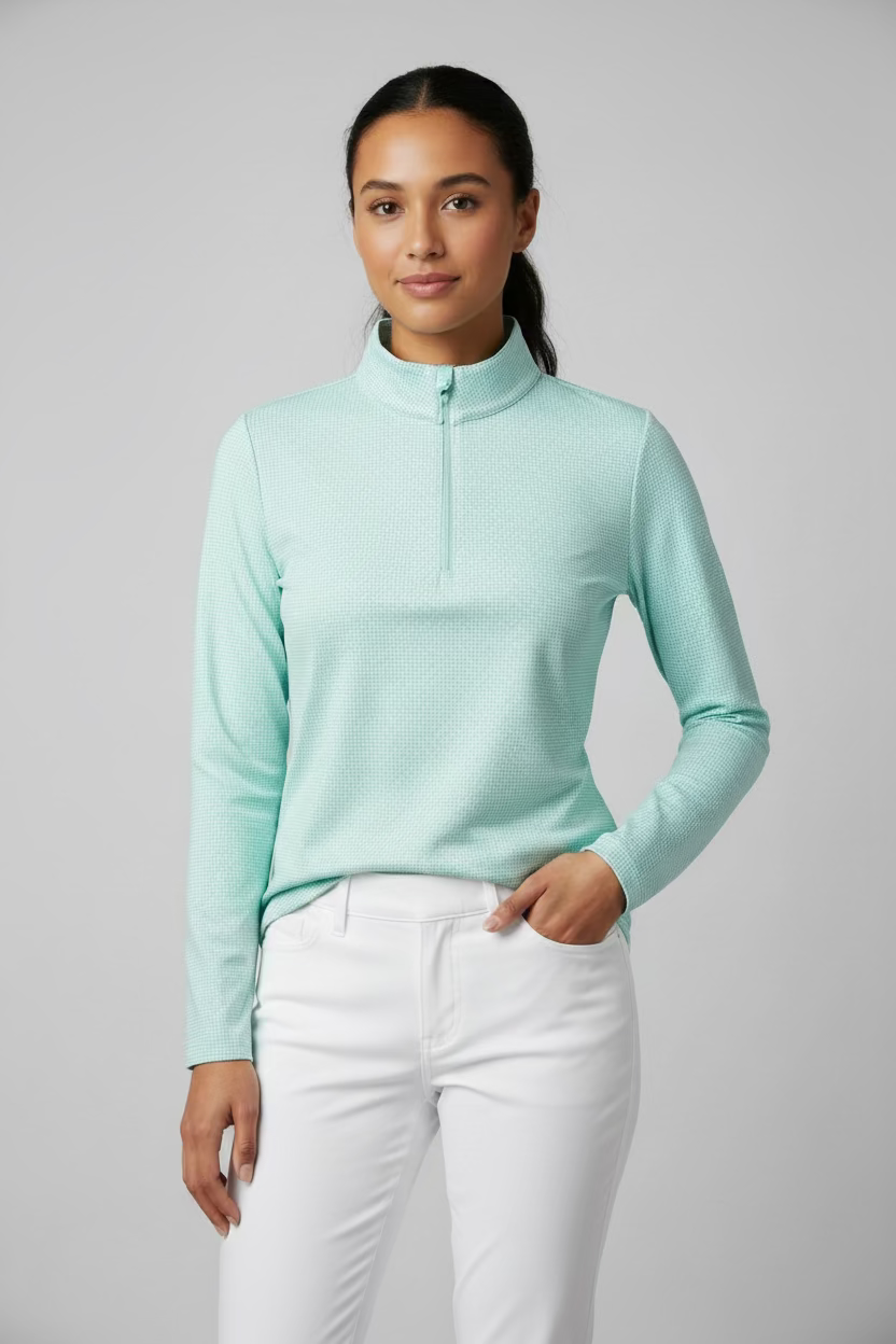 IBKUL Womens Helena Mini Checker Long Sleeve Mock Top - White/Seafoam