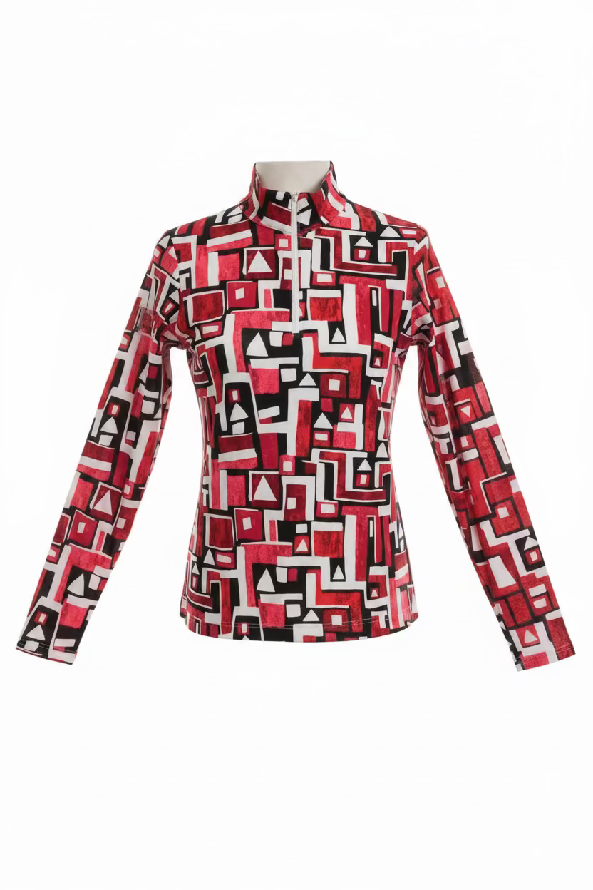 IBKUL Womens Jennifer Long Sleeve Zip Mock - Red/Black
