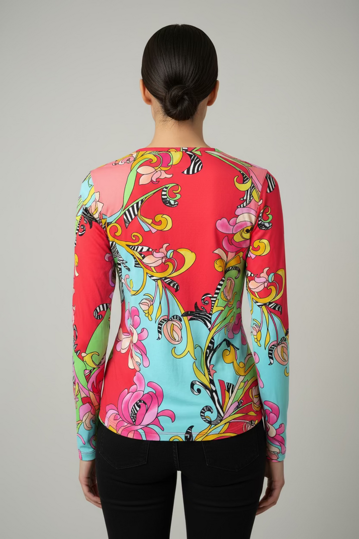 G-Lifestyle Womens Long Sleeve Crewneck Fiona Top - Coral/Multicolored