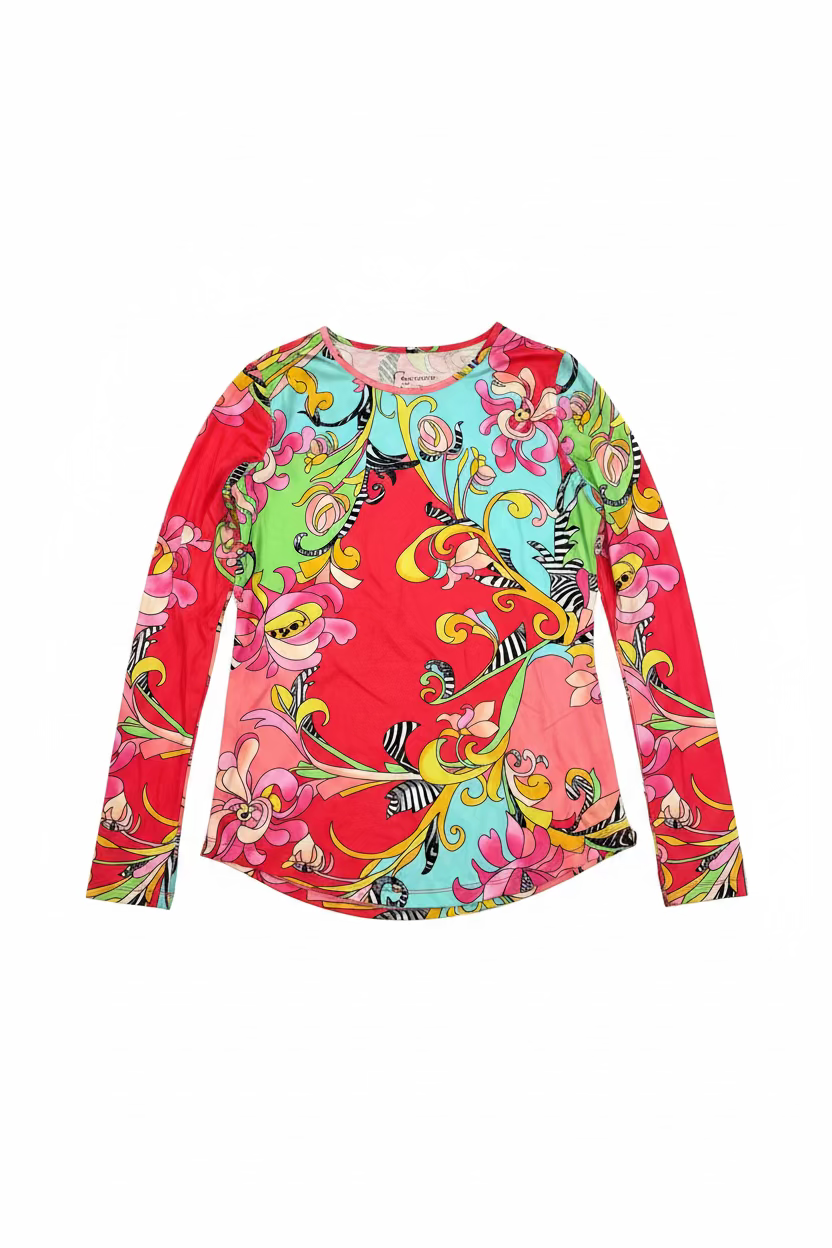 G-Lifestyle Womens Long Sleeve Crewneck Fiona Top - Coral/Multicolored