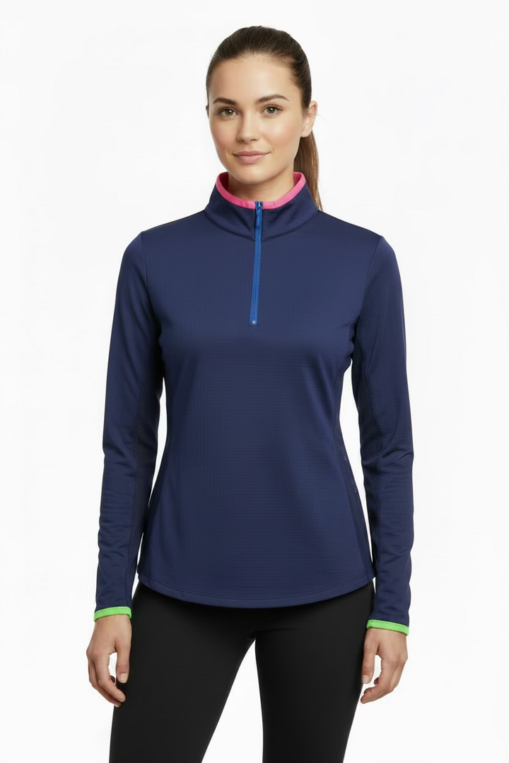 G-Lifestyle Womens Colorblock Long Sleeve Zip Mock Top - True Navy