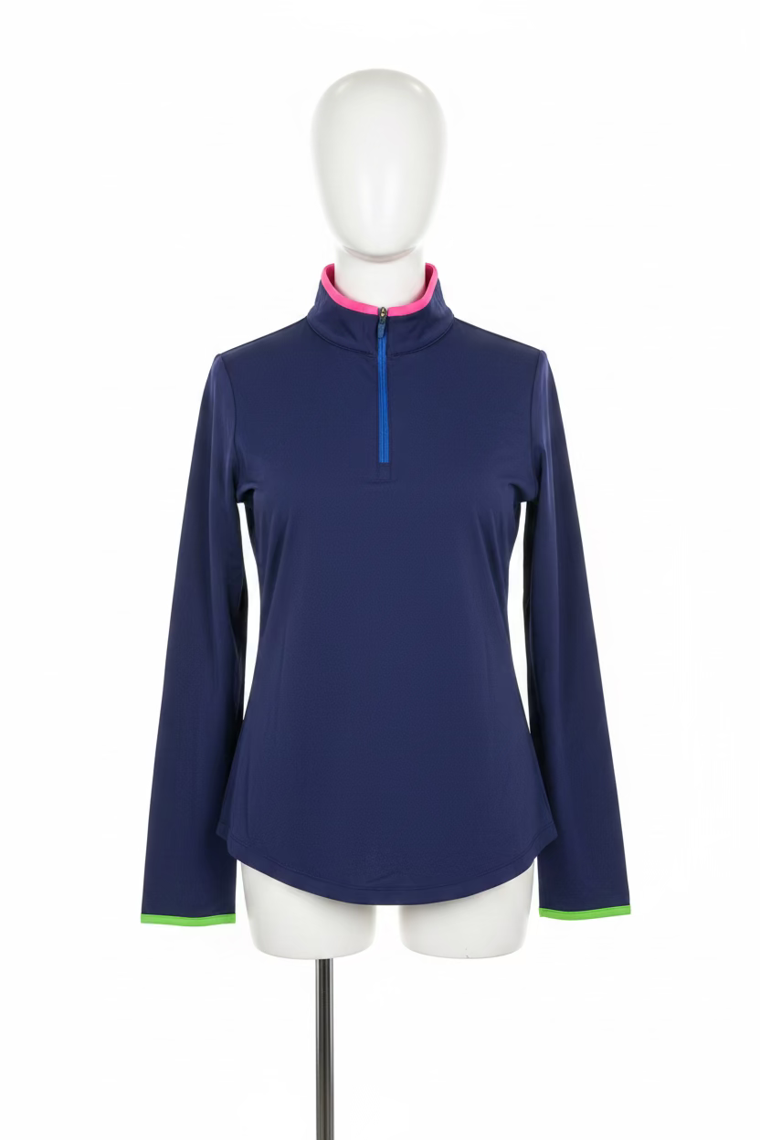 G-Lifestyle Womens Colorblock Long Sleeve Zip Mock Top - True Navy