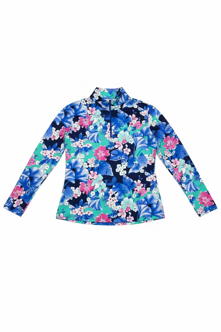 G-Lifestyle Womens Olivia Floral Long Sleeve Zip Mock - Blue Lagoon/Pink