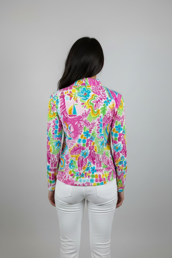 G-Lifestyle Womens Nantucket Long Sleeve Zip Mock - Pink/White