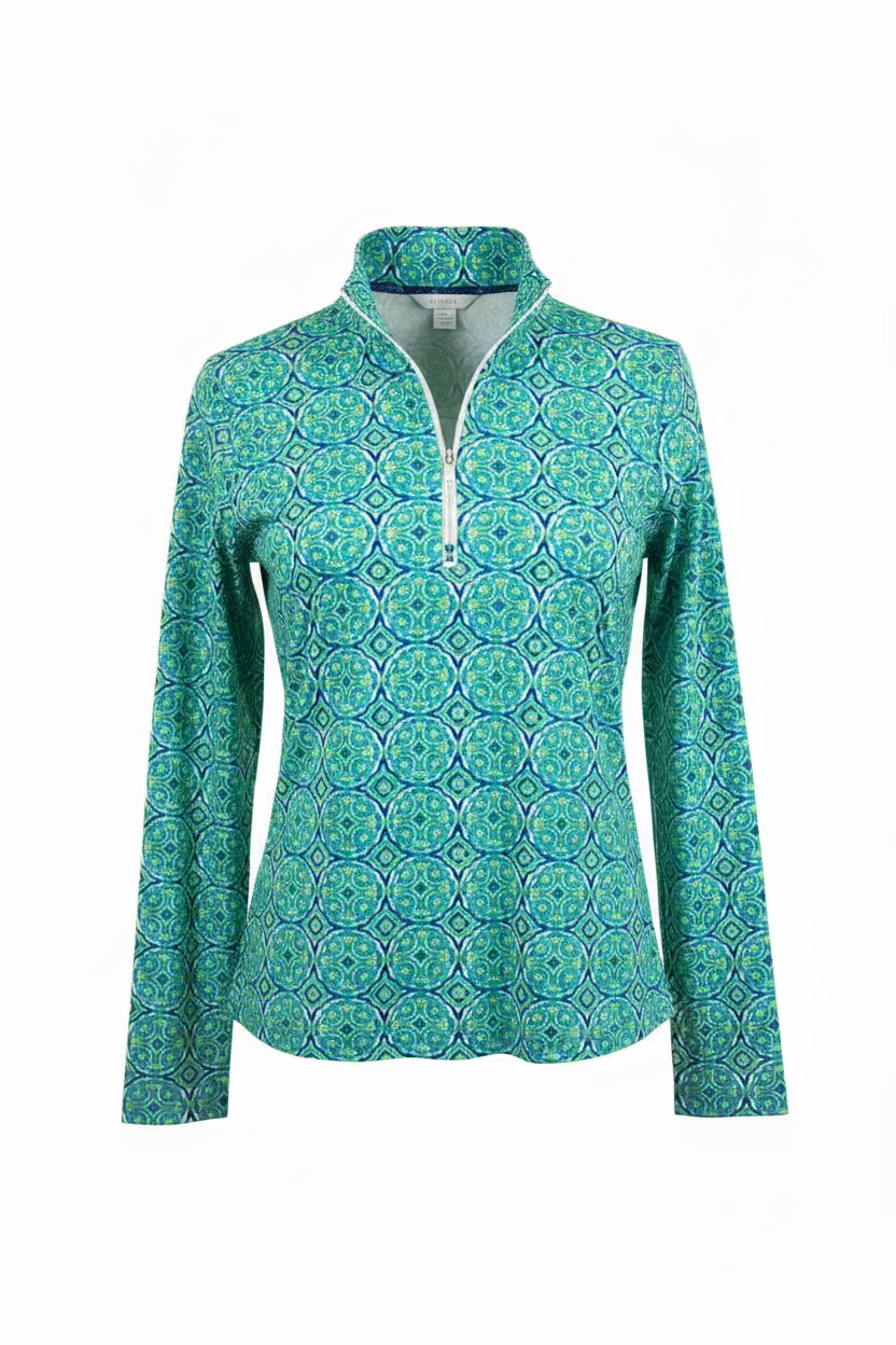 G-Lifestyle Womens Long Sleeve Zip Mock - Medallion Seafoam