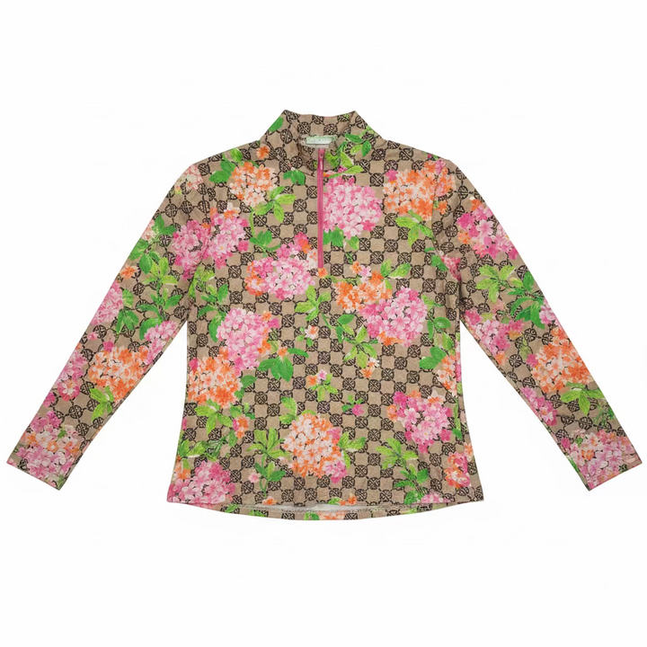 G-Lifestyle Womens Blooms Zip Long Sleeve Mock Top - Taupe/Pink