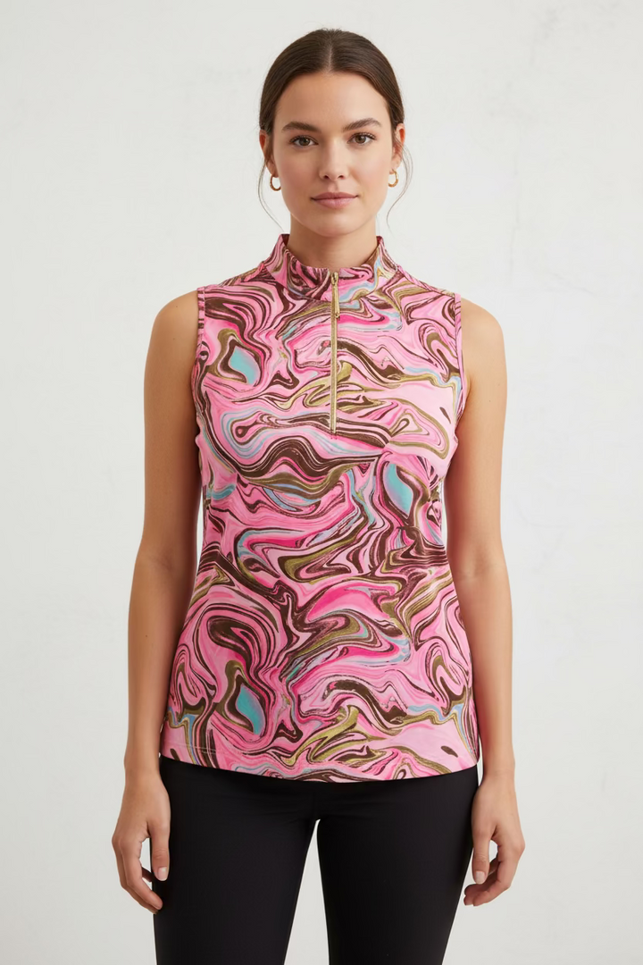 Jamie Sadock Womens Swirl Angel Sleeveless Zip Mock - Strawberry Pink/Hazelnut