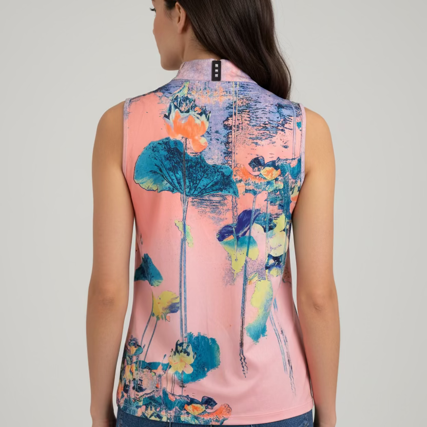 Jamie Sadock Womens Sunset Blossom Sleeveless Zip Mock - Couture Peach/Blue