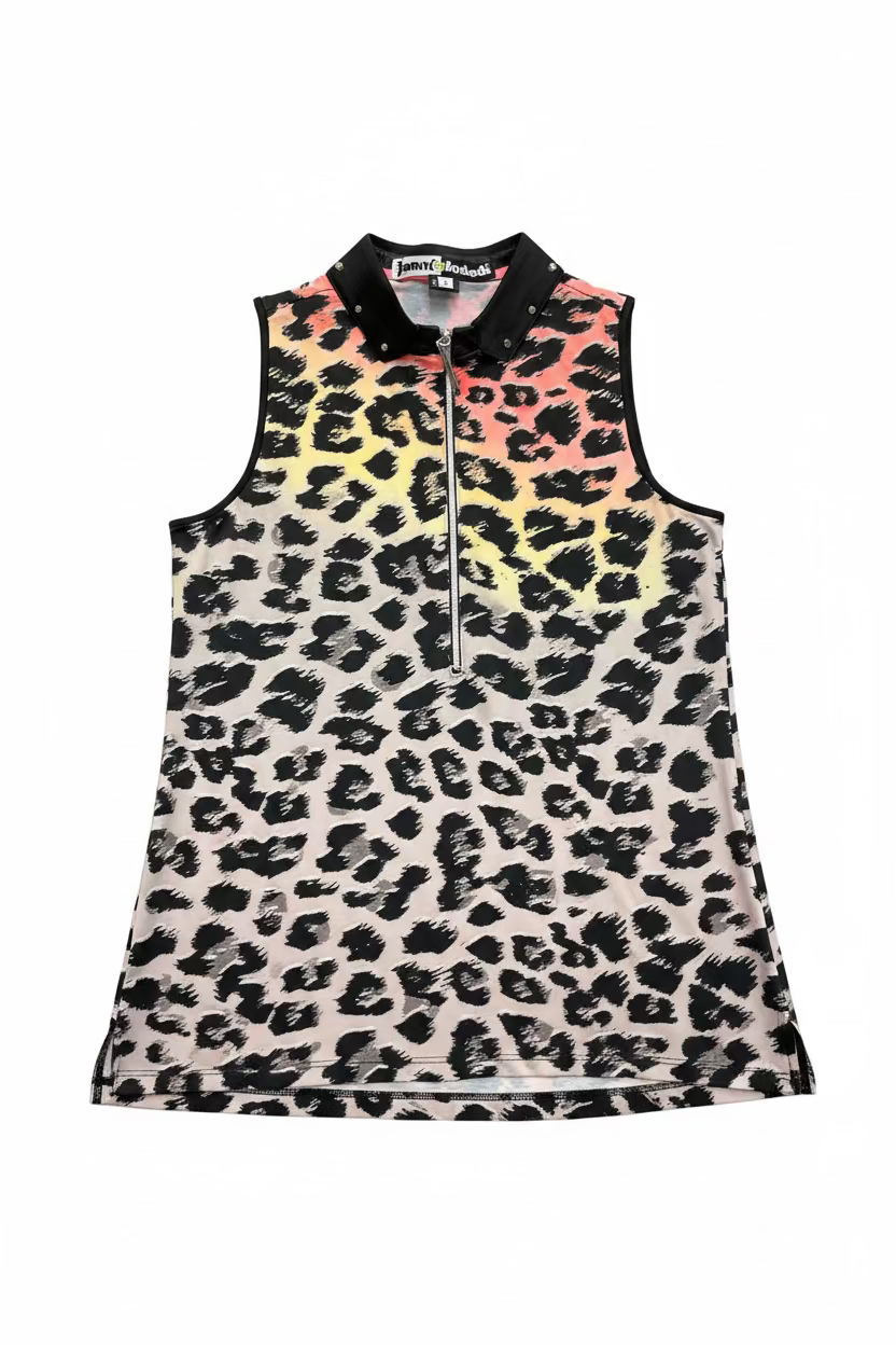 Jamie Sadock Womens Jungle Sunrise Sleeveless Zip Mock - Jet Black/Animal