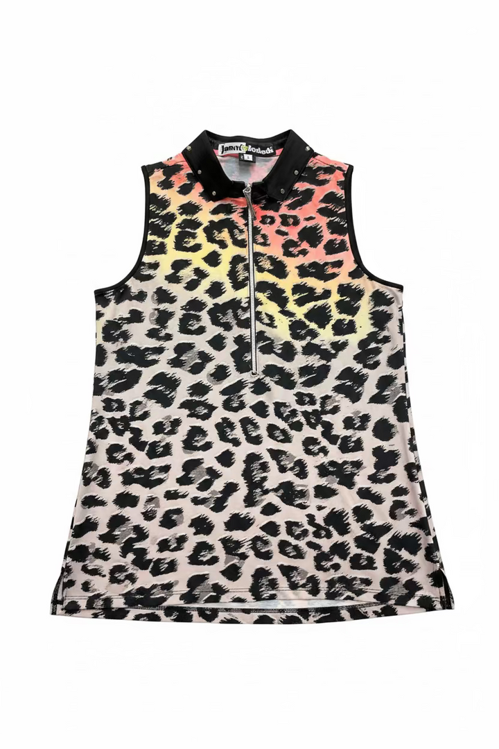 Jamie Sadock Womens Jungle Sunrise Sleeveless Zip Mock - Jet Black/Animal
