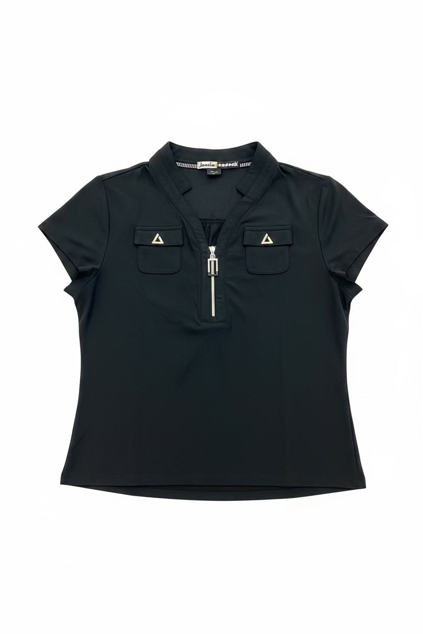 Jamie Sadock Womens Darling Dasha Short Sleeve Zip Mock - Jet Black