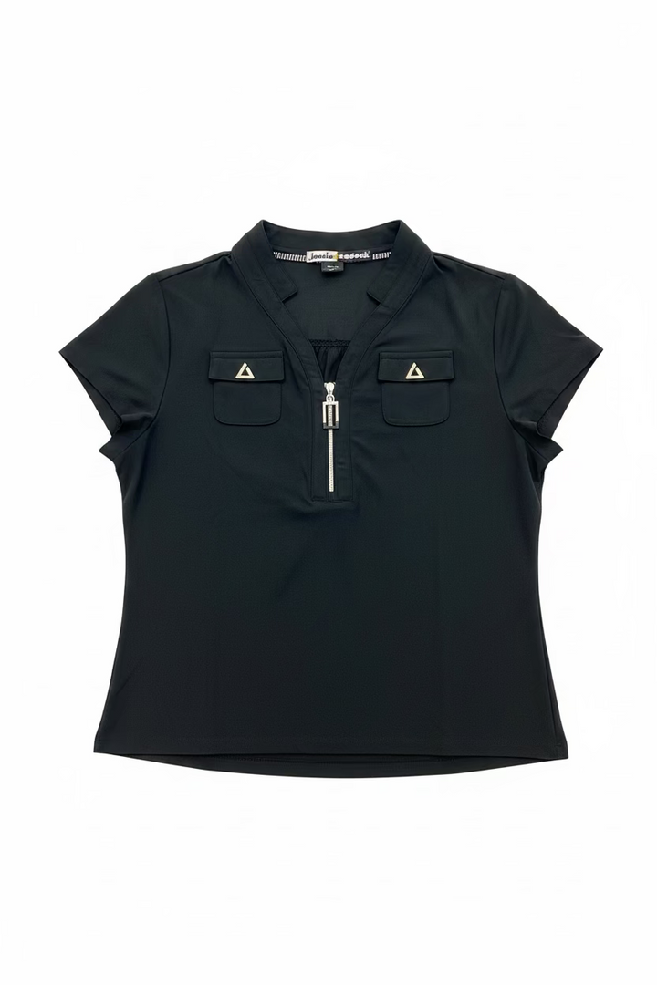 Jamie Sadock Womens Darling Dasha Short Sleeve Zip Mock - Jet Black