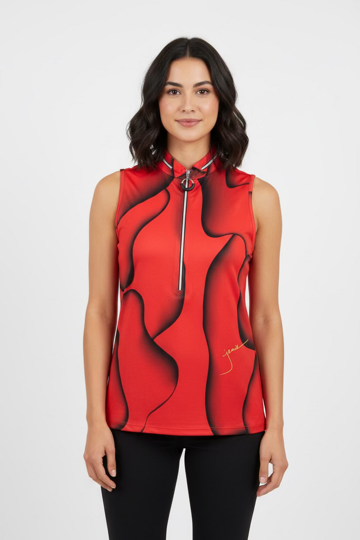 Jamie Sadock Womens Solar Swirl Sleeveless Zip Mock - Candy Apple Red/Jet Black
