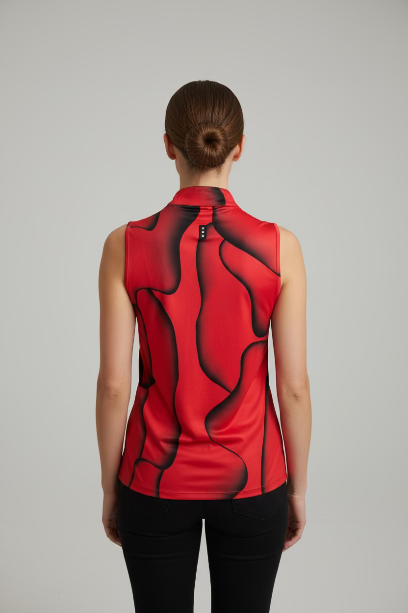 Jamie Sadock Womens Solar Swirl Sleeveless Zip Mock - Candy Apple Red/Jet Black