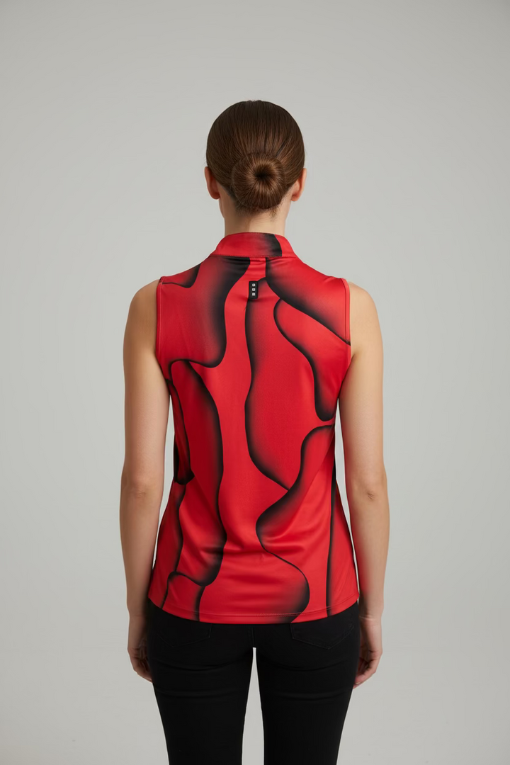 Jamie Sadock Womens Solar Swirl Sleeveless Zip Mock - Candy Apple Red/Jet Black